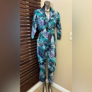 1980s 80s Vintage Green Pink Purple Leaf Print Romper w/ Pockets - 6